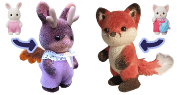 Two calico critter dolls. The first is a repainted white bunny toddler, which is brown with brown felt wings, clay antlers, and a purple jumper. The other is a repainted chihuahua toddler, which is repainted to resemble a fox, with an added pipe cleaner ta