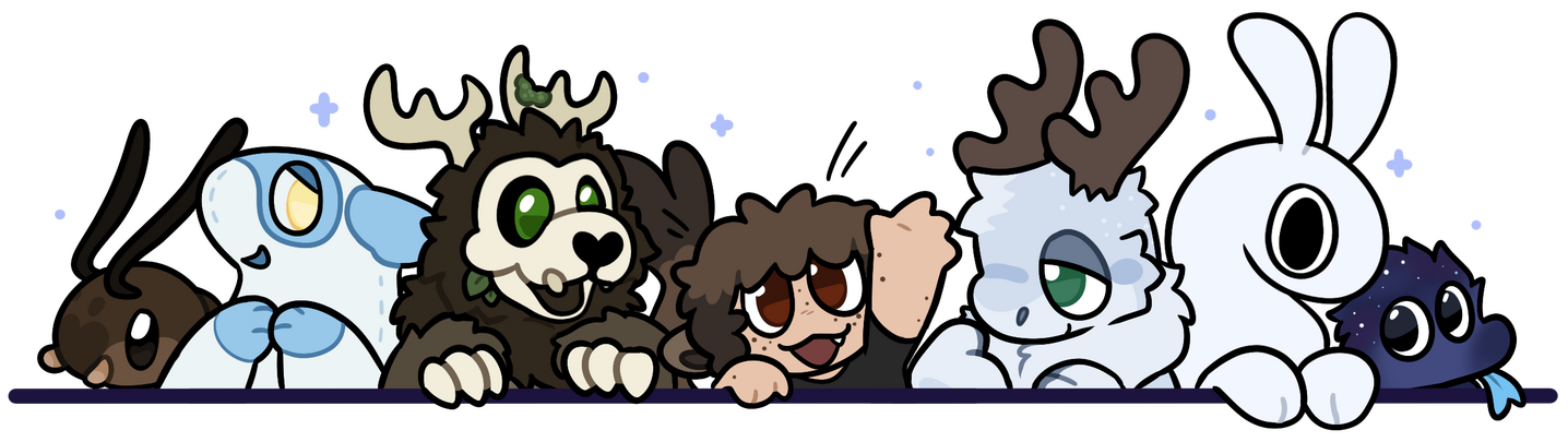 A small divider image featuring a lineup of character designs, including a brown bug, a white and blue plush dragon, a brown undead creature, a brown haired humanoid, a light blue dragon, a white long-necked creature, and a purple fuzzy.