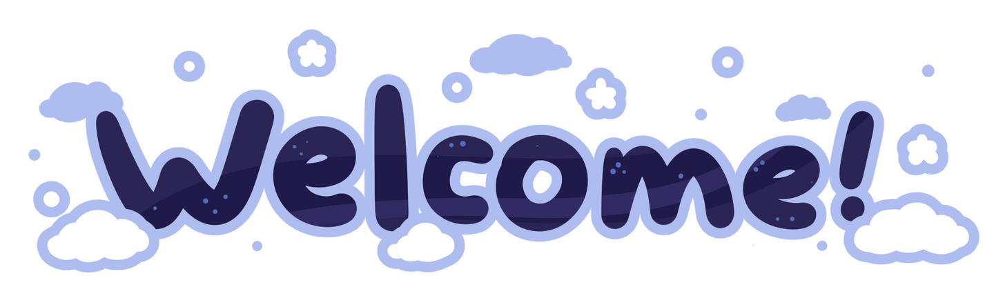 Large, dark blue galaxy-print lettering reading "Welcome", surrounded by sparkles and small clouds.